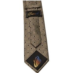Peacock Mens Handmade Silk Neck tie Tan Black Brown Geometric Square Houndstooth